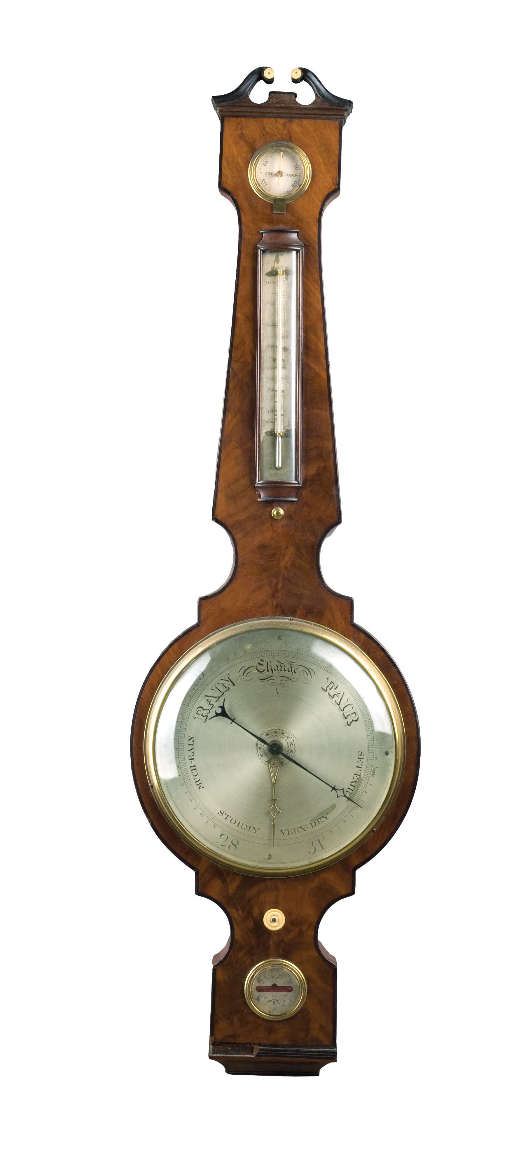 Appraisal: ENGLISH MAHOGANY AND MAHOGANY VENEER WHEEL BAROMETER The arched crest