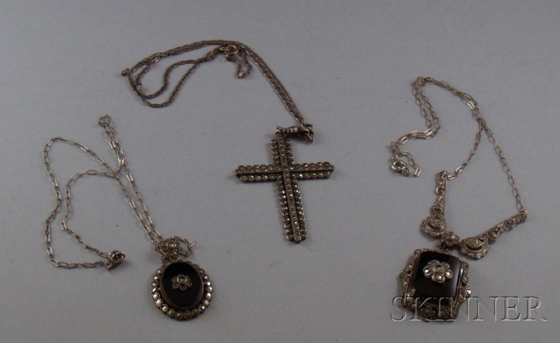 Appraisal: Three Sterling Silver and Marcasite Pendant Necklaces including a cross-form