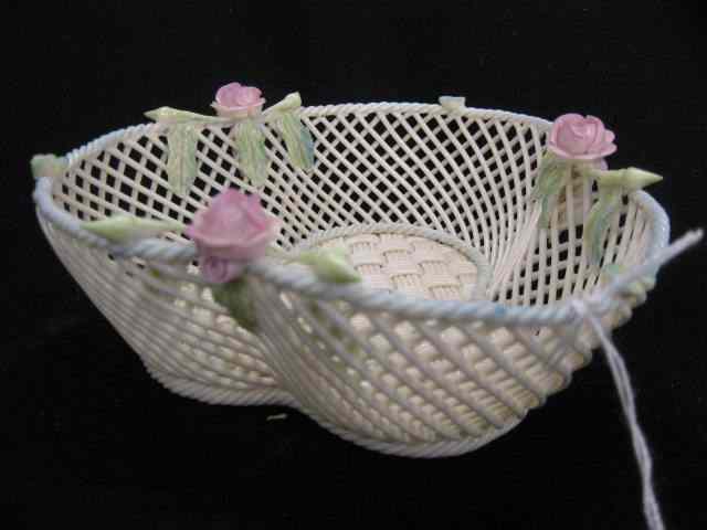 Appraisal: Irish Belleek Porcelain Basket clover form applied floral excellent ''