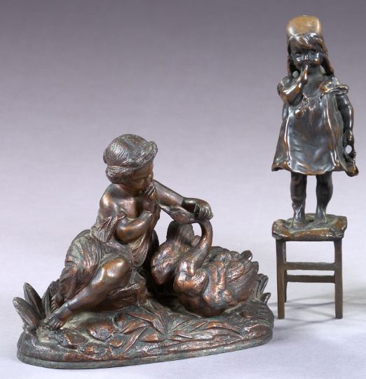 Appraisal: Bronze-Patinated Spelter Group and a Bronze Tabletop Sculpture the former