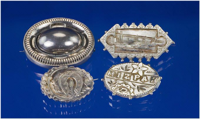 Appraisal: Collection of Silver Brooches Victorian- 's Comprising An Engraved Scene