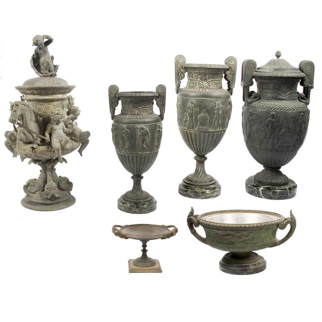 Appraisal: Group of Six Neoclassical Style Metal Urns Height of tallest