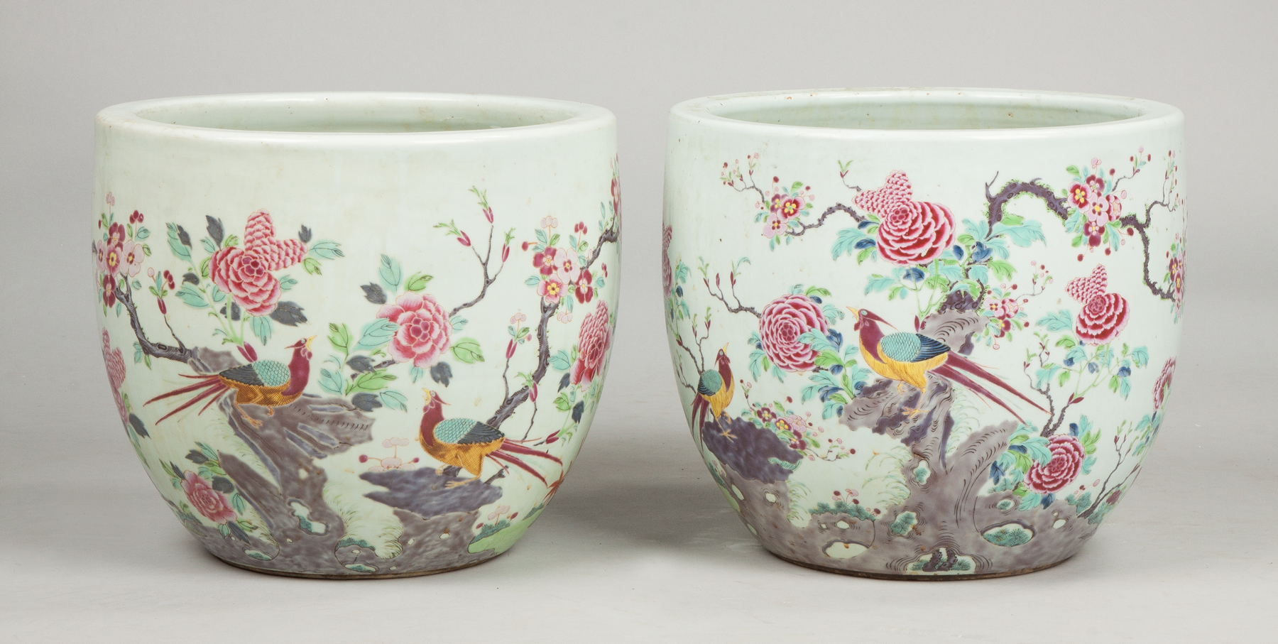 Appraisal: Chinese Porcelain Jardinieres With peacocks flowers landscape