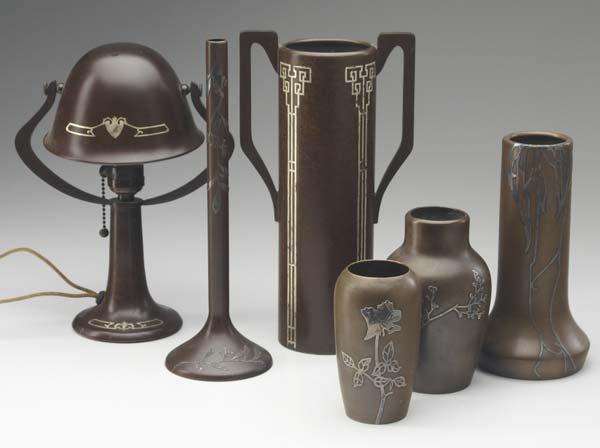 Appraisal: HEINTZ Five Sterling-on-Bronze vases and a helmet-shade lamp Three of