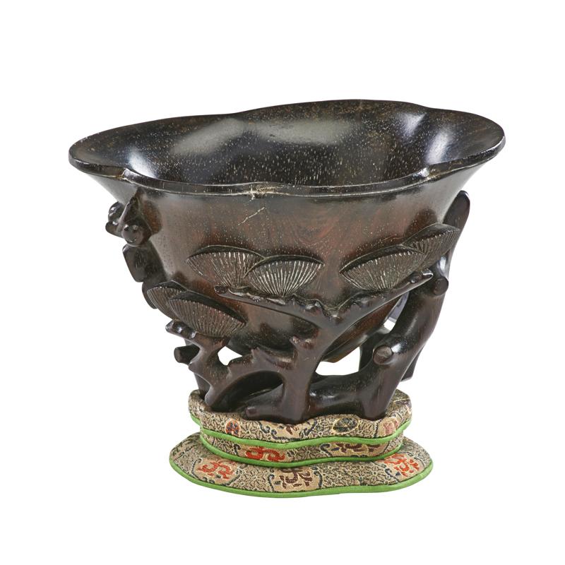 Appraisal: CHINESE ZITAN LIBATION CUP Carved with cherry blossoms and branches