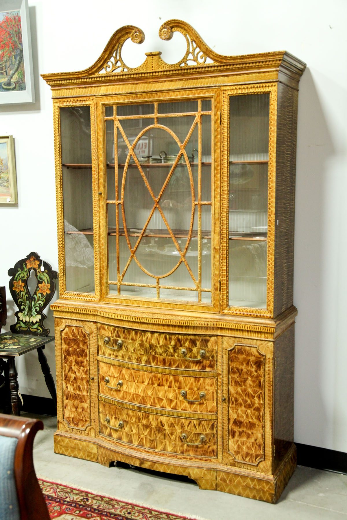 Appraisal: GRAIN DECORATED CHINA CABINET American mid th century Broken arch