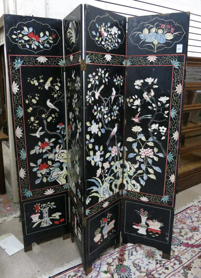 Appraisal: CHINESE FOUR-PANEL COROMANDEL FLOOR SCREEN featuring an incise carved and