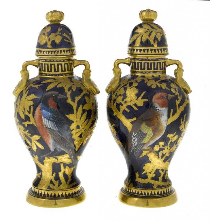 Appraisal: A PAIR OF COALPORT COBALT GROUND INVERTED BALUSTER VASES AND