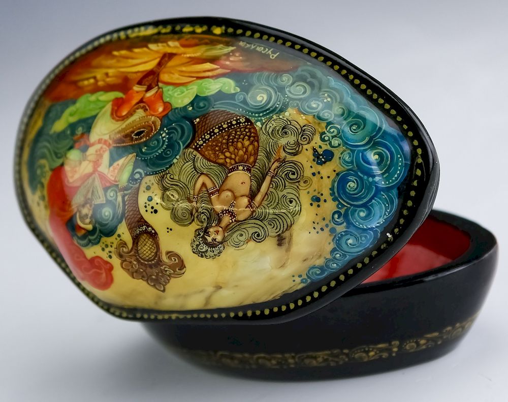 Appraisal: Kholui Russian Lacquer Abalone Nude Mermaid Box Kholui Russian lacquer