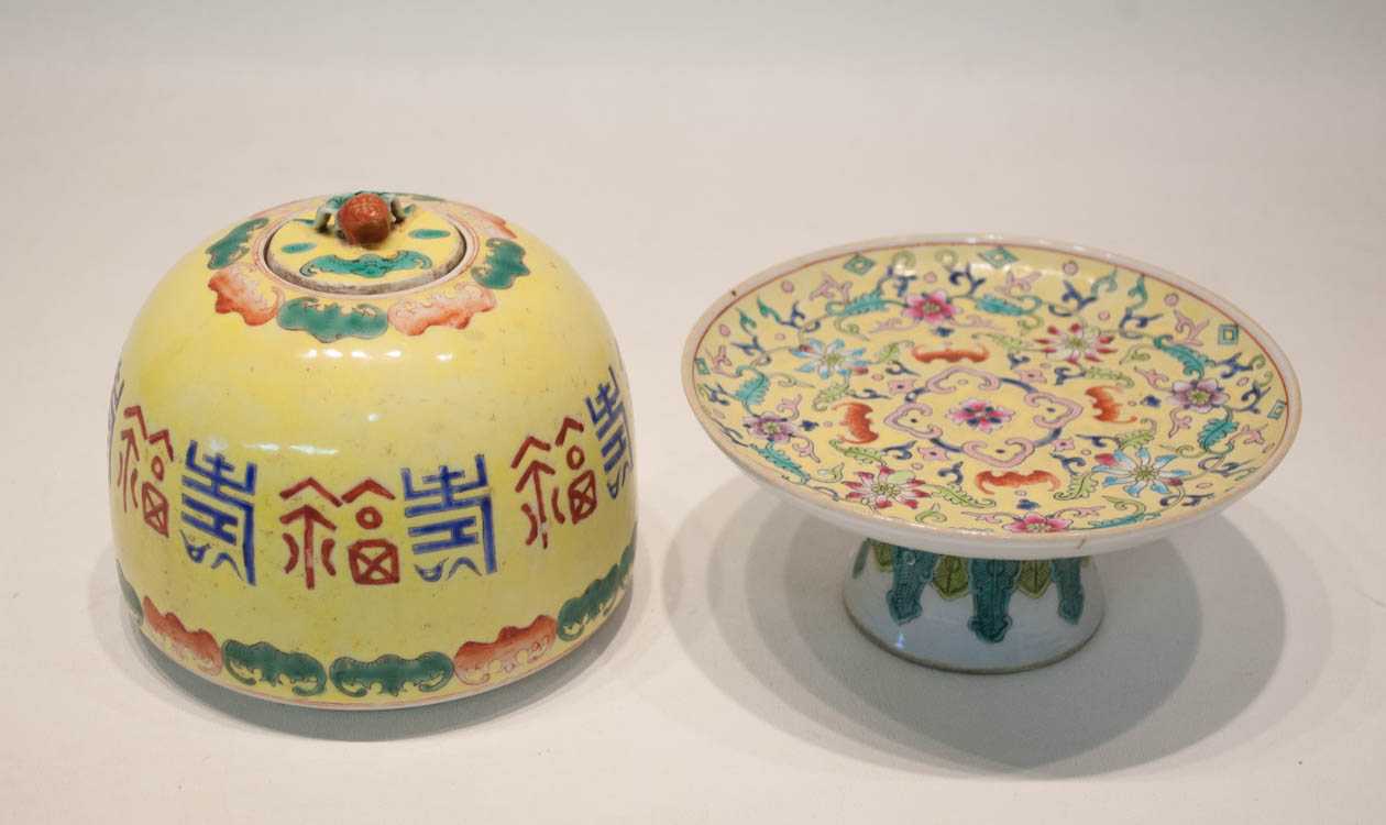 Appraisal: TWO CHINESE FAMILLE ROSE PORCELAINS footed dish with finely enameled