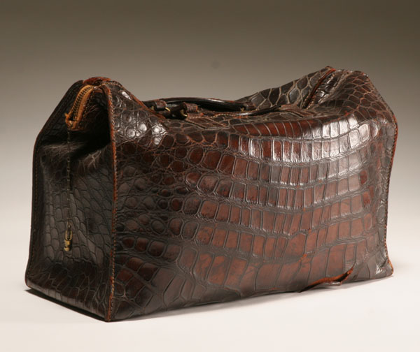 Appraisal: Vintage crocodile doctor's bag zippered case leather handles L Good