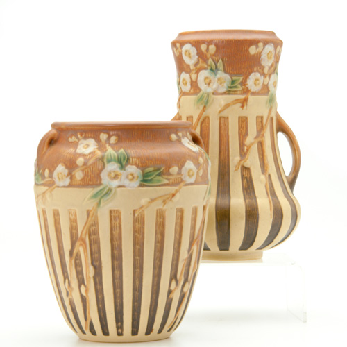 Appraisal: ROSEVILLE Two brown Cherry Blossom vases one bulbous the other