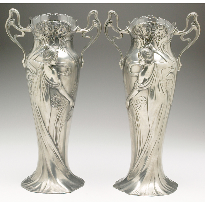 Appraisal: WMF vases pair cylindricalform in pewter with an Art Nouveaumaiden