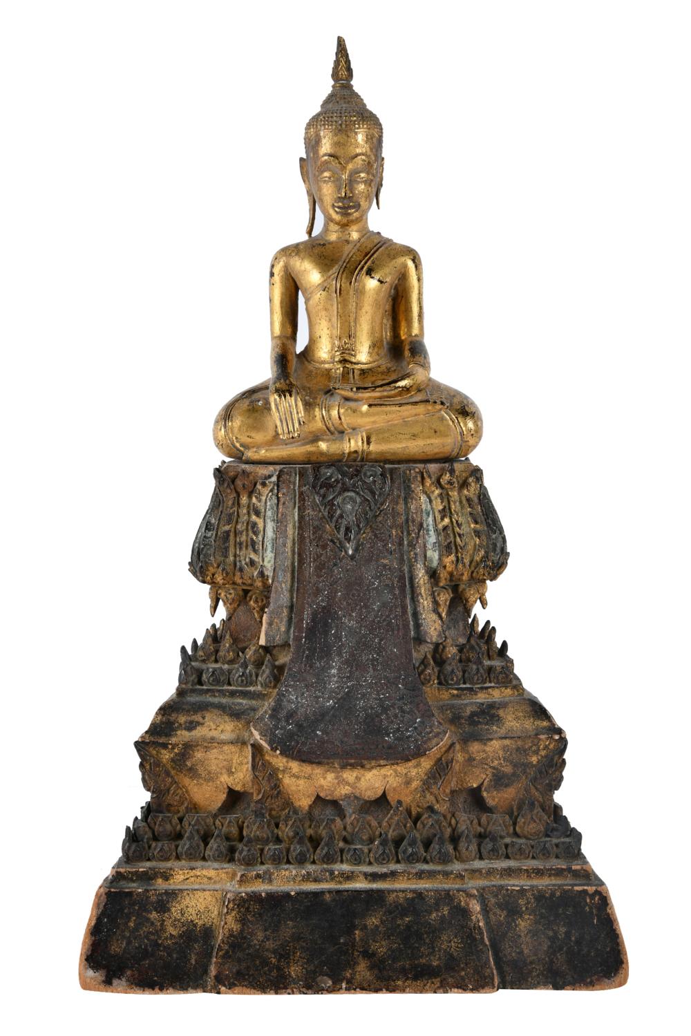 Appraisal: THAI WOOD CARVED BUDDHA ON STANDin two parts Condition chip