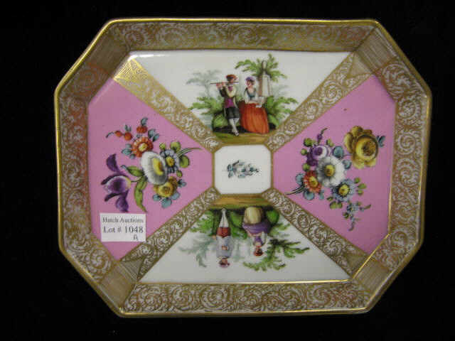 Appraisal: Dresden Porcelain Handpainted Dresser Tray courting scenes florals heavy gold