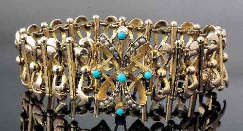 Appraisal: A ct gold seed pearl and turquoise set expandable bracelet