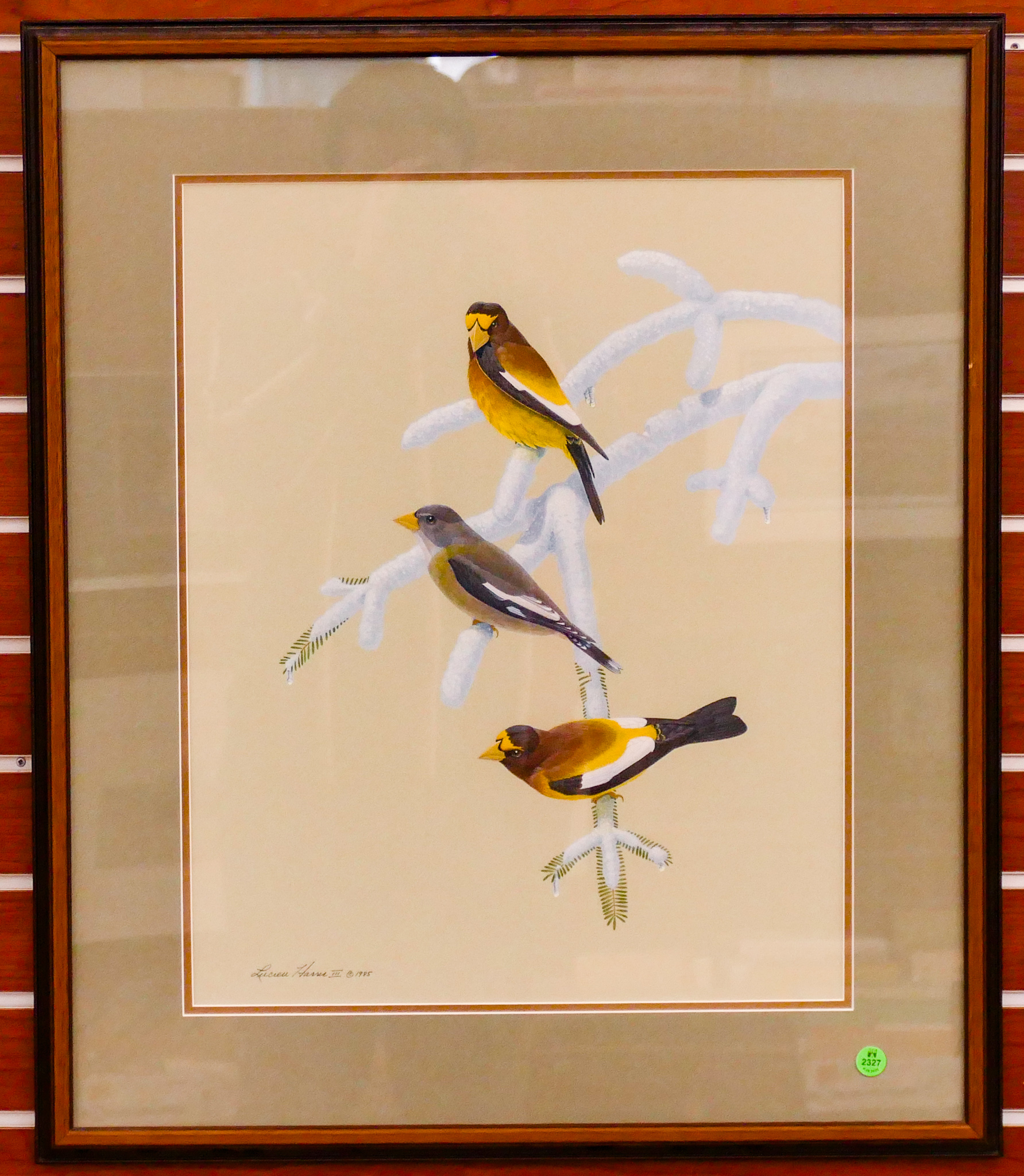 Appraisal: Lucien Harris Three Birds on Frosted Branch Gouache Painting Framed-