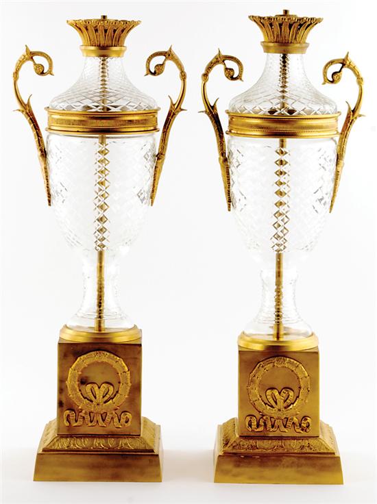 Appraisal: Pair gilt-metal mounted cut-crystal lamp bases scrolling handles and pedestal