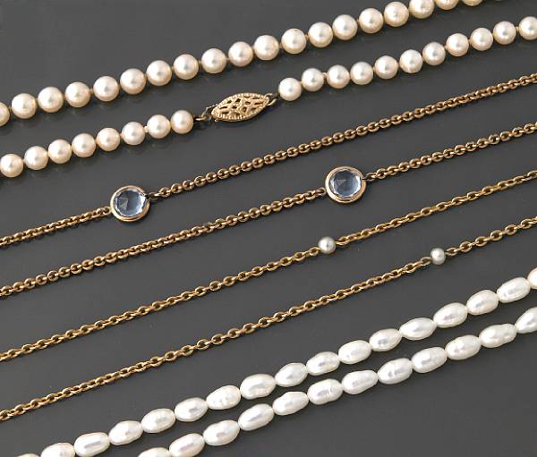 Appraisal: A collection of four cultured pearl gold and gold-filled necklaces