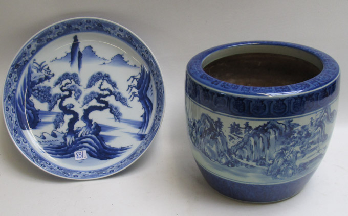 Appraisal: TWO JAPANESE BLUE AND WHITE PORCELAINS jardiniere having mountain landscape