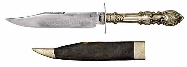 Appraisal: Bowie Knife by George Newbould '' clipped-point blade with etched