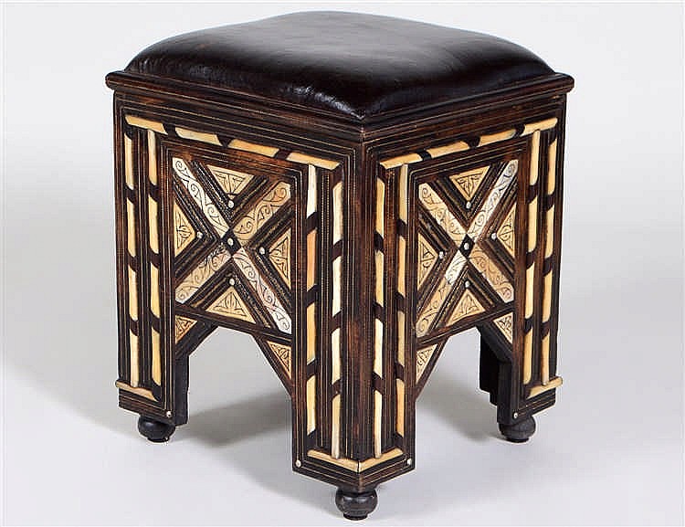 Appraisal: MOROCCAN BONE-MOUNTED LEATHER SEAT WOOD STOOL th Century Square decorated