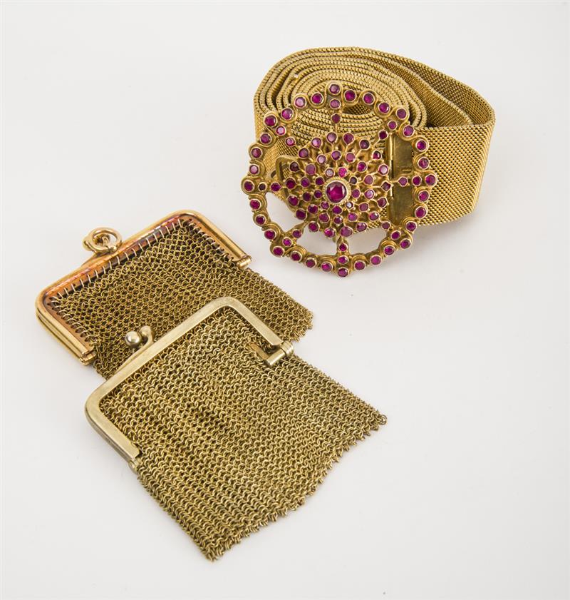 Appraisal: Gilt-Metal and Red Glass Belt Together with a gilt-metal mesh