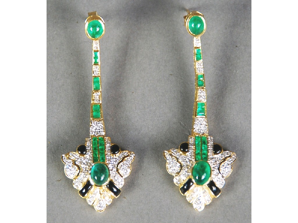 Appraisal: PAIR OF ct GOLD DIAMOND EMERALD AND BLACK ONYX ART