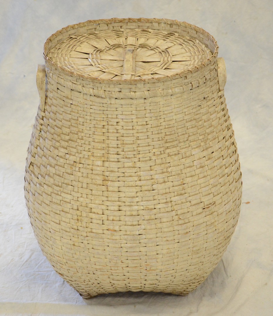 Appraisal: White Painted Cat Feather Basket with Lid diameter at top