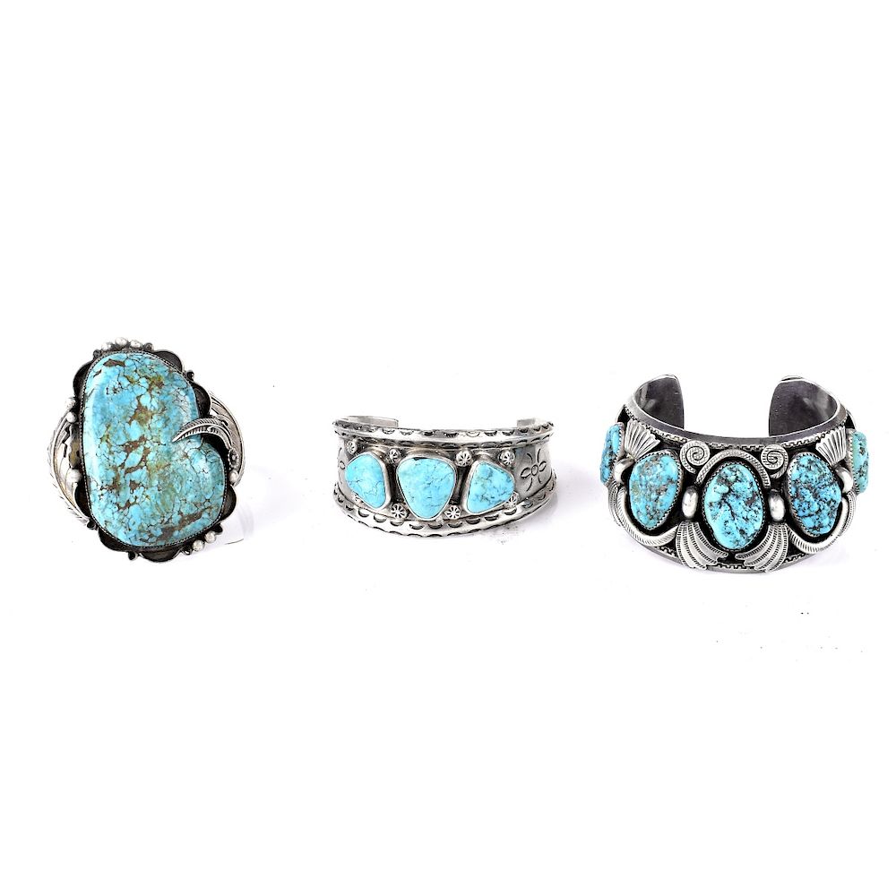 Appraisal: Three Silver and Turquoise Cuff Bracelets Three Vintage American Southwest