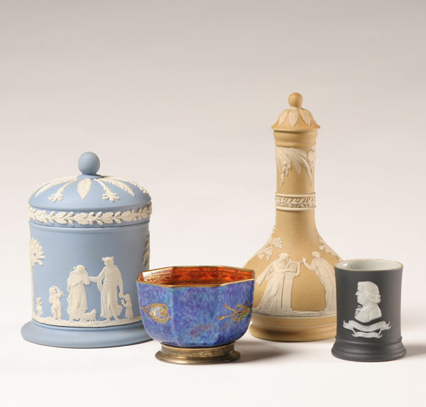 Appraisal: Wedgwood jasperware and lustre jasperware barber bottle with classical figures