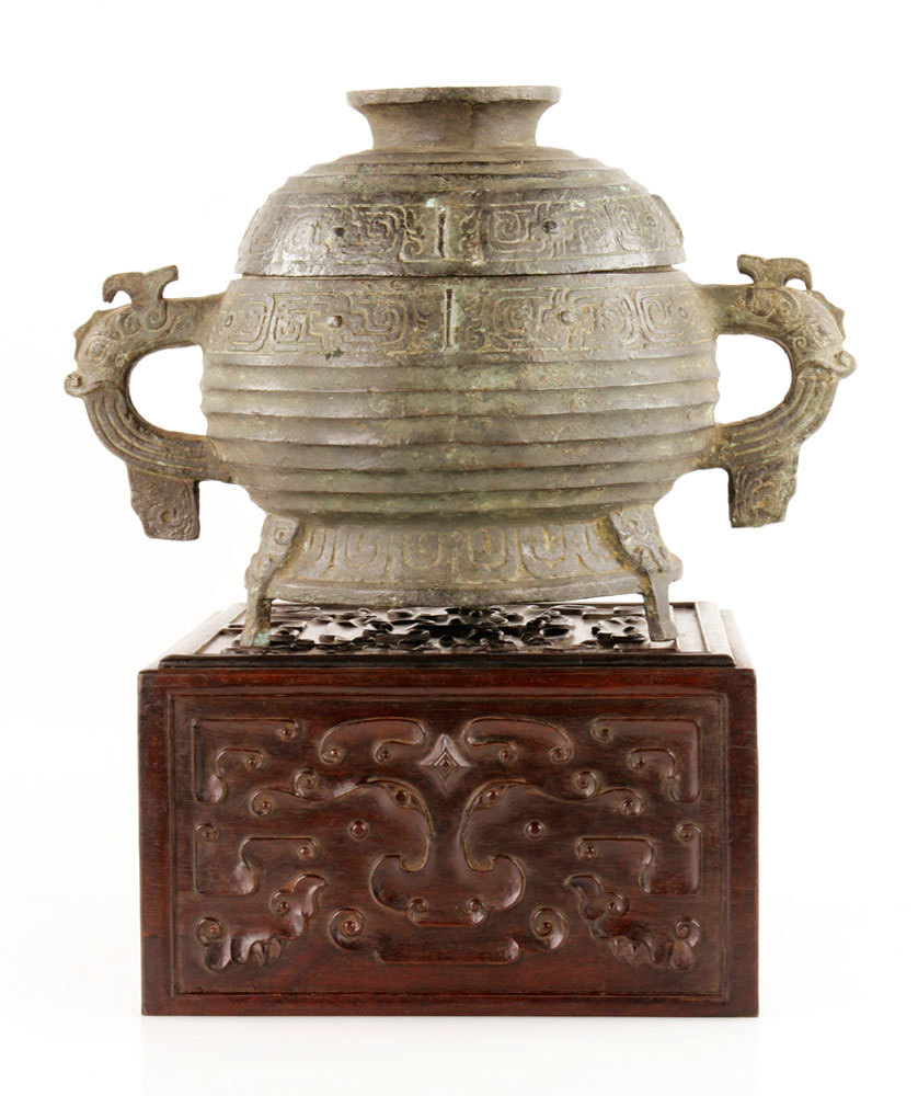 Appraisal: - Chinese Bronze Censer Bronze censer China with carved hardwood