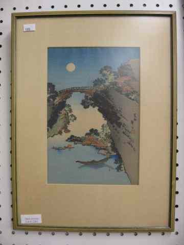 Appraisal: Japanese Woodblock Print night scene withlake village and bridge