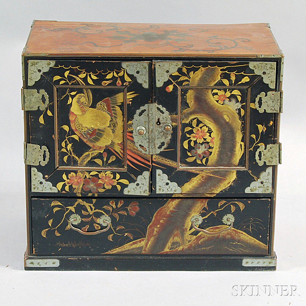 Appraisal: Chinese Export Lacquered Tabletop Cabinet late th century two doors