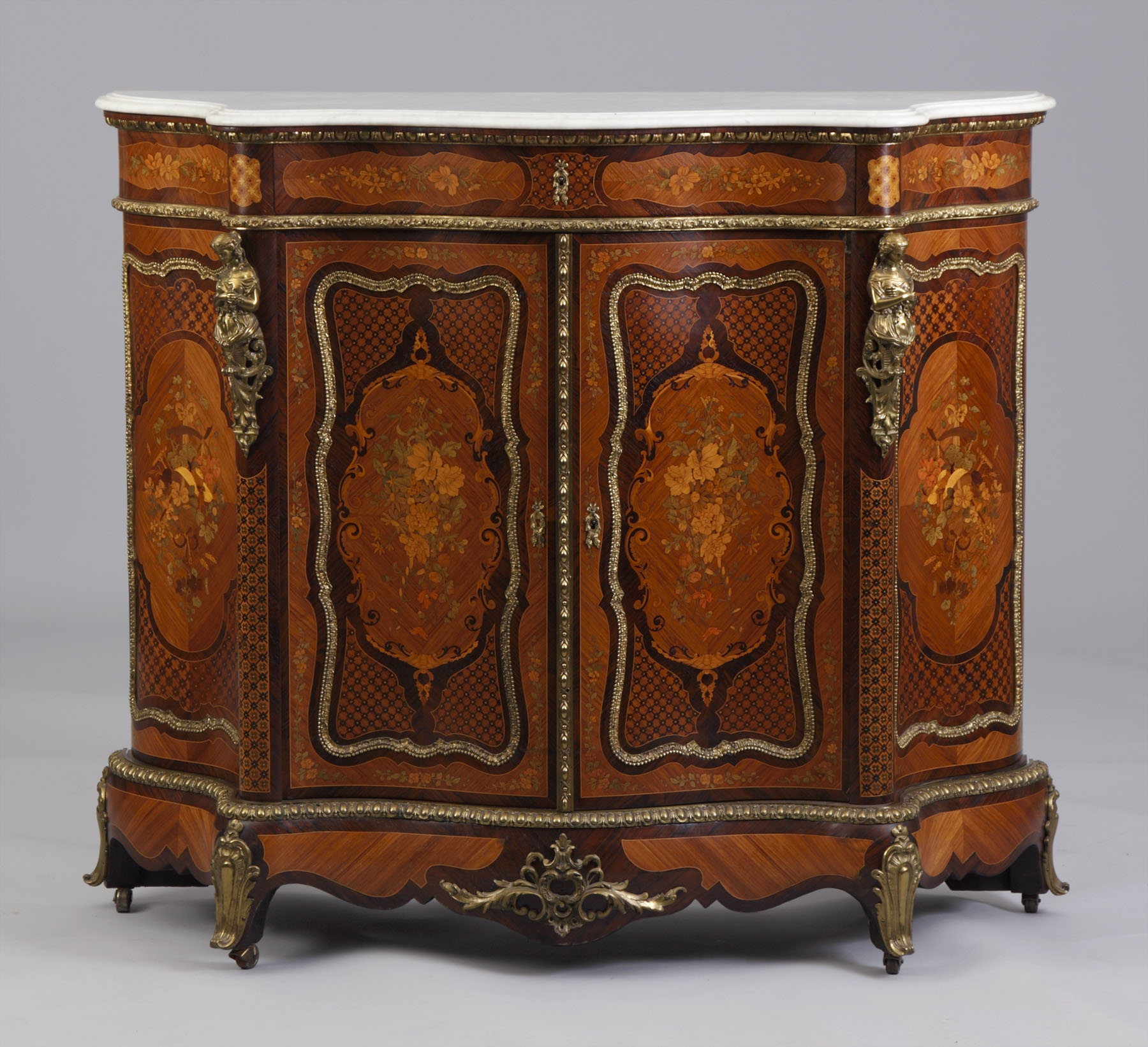 Appraisal: Alexander Roux Serpentine Inlaid Side Cabinet Circa kingwood satinwood etc