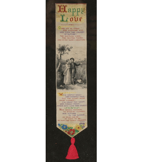 Appraisal: Three Stevengraph woven silk ribbons bookmarks with images of love