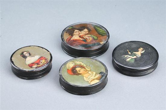 Appraisal: FOUR DECORATED SNUFF BOXES European th century lacquered papier mache