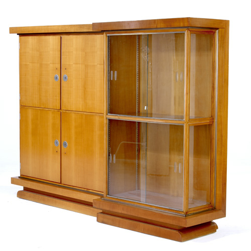 Appraisal: FRENCH Mahogany display unit with wood-front cabinets sliding glass doors