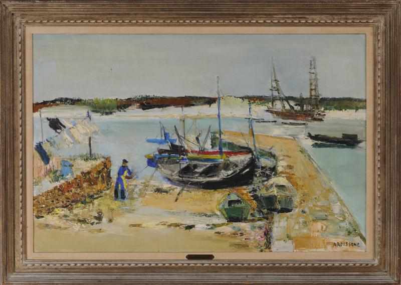 Appraisal: YOLANDE ARDISONNE b BRITANNY BEACH AND BOATS Oil on canvas