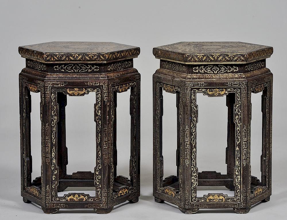 Appraisal: PAIR OF BLACK AND GILT LACQUERED SIDE TABLES Chinese Each