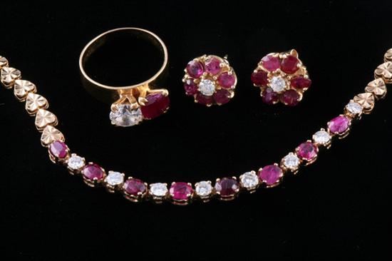 Appraisal: K YELLOW GOLD RUBY AND DIAMOND NECKLACE WITH MATCHING EARRINGS