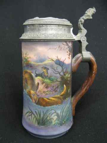 Appraisal: German Porcelain Lithopane Stein handpainted with dogs stag pewter lid