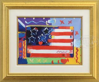 Appraisal: PETER MAX American - FLAG WITH HEART Mixed media Housed