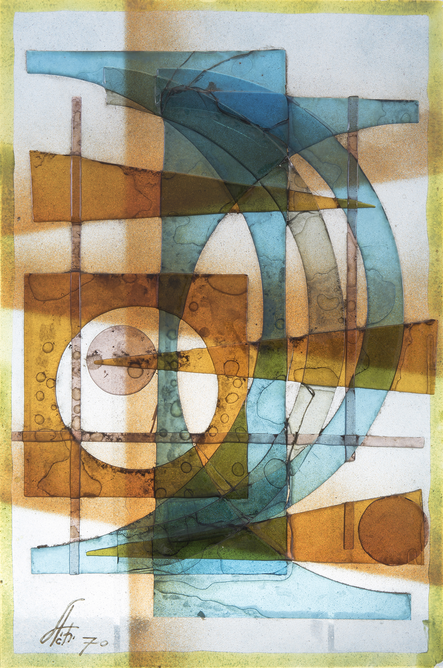 Appraisal: ERIC LENOY GLASS WALL ART Brown and blue abstract shapes