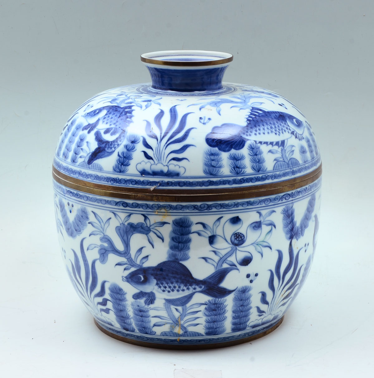 Appraisal: LIDDED THAI BLUE WHITE KOI JAR Large lidded jar having