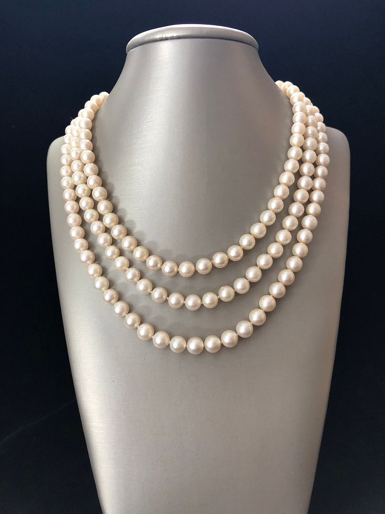 Appraisal: Triple Strand White Cultured Pearl Necklace with k Yellow Gold