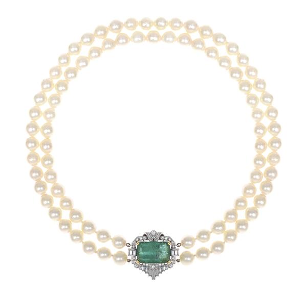 Appraisal: AN IMPRESSIVE CULTURED PEARL EMERALD AND DIAMOND NECKLACE Comprising a