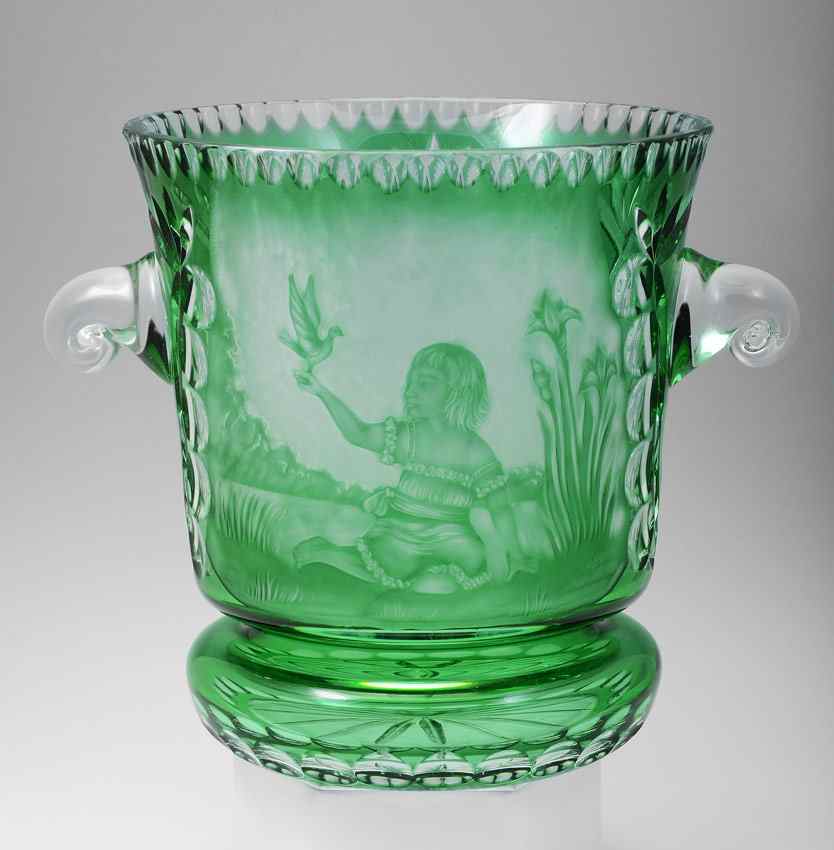 Appraisal: BOHEMIAN GREEN CUT TO CLEAR CHAMPAGNE BUCKET Signed M Chajec