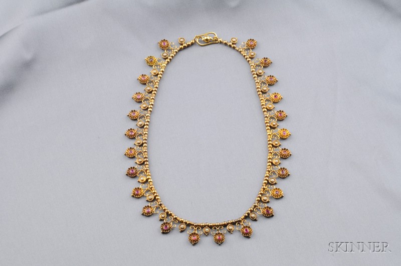 Appraisal: Etruscan Revival Gold Ruby and Seed Pearl Necklace designed as