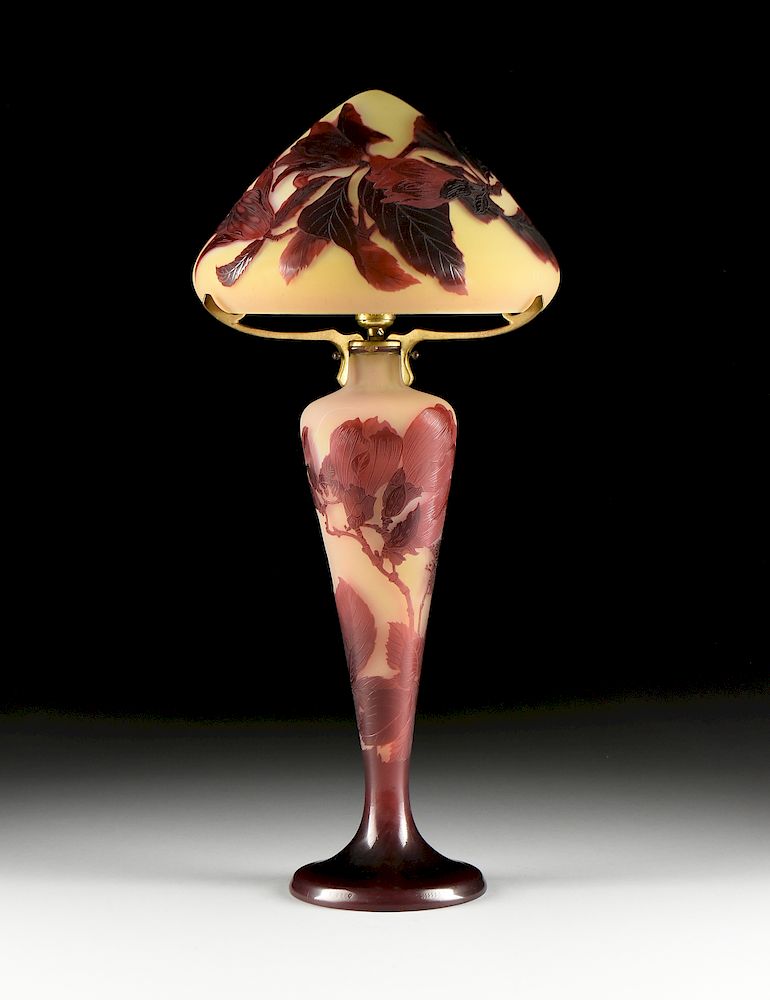 Appraisal: A GALL CAMEO GLASS MAGNOLIA TABLE LAMP AND SHADE SIGNED